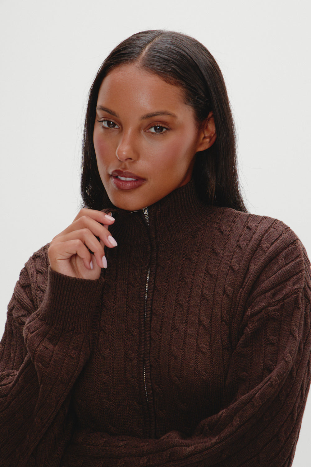 Bea Cable Knit Zip Up Sweater - Chocolate Brown