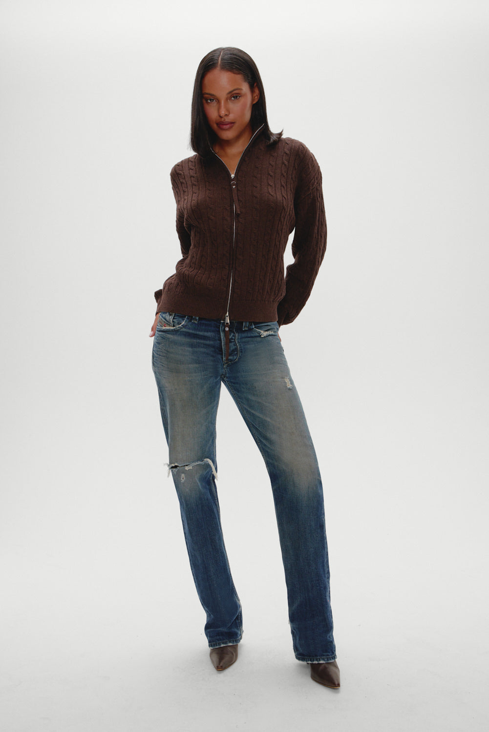 Bea Cable Knit Zip Up Sweater - Chocolate Brown