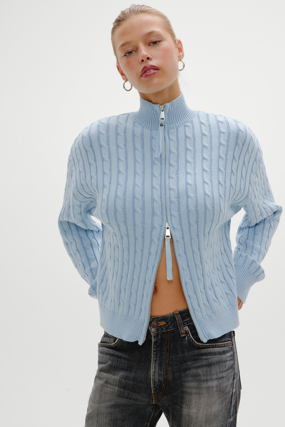 Bea Cable Knit Zip Up Sweater - Daydream