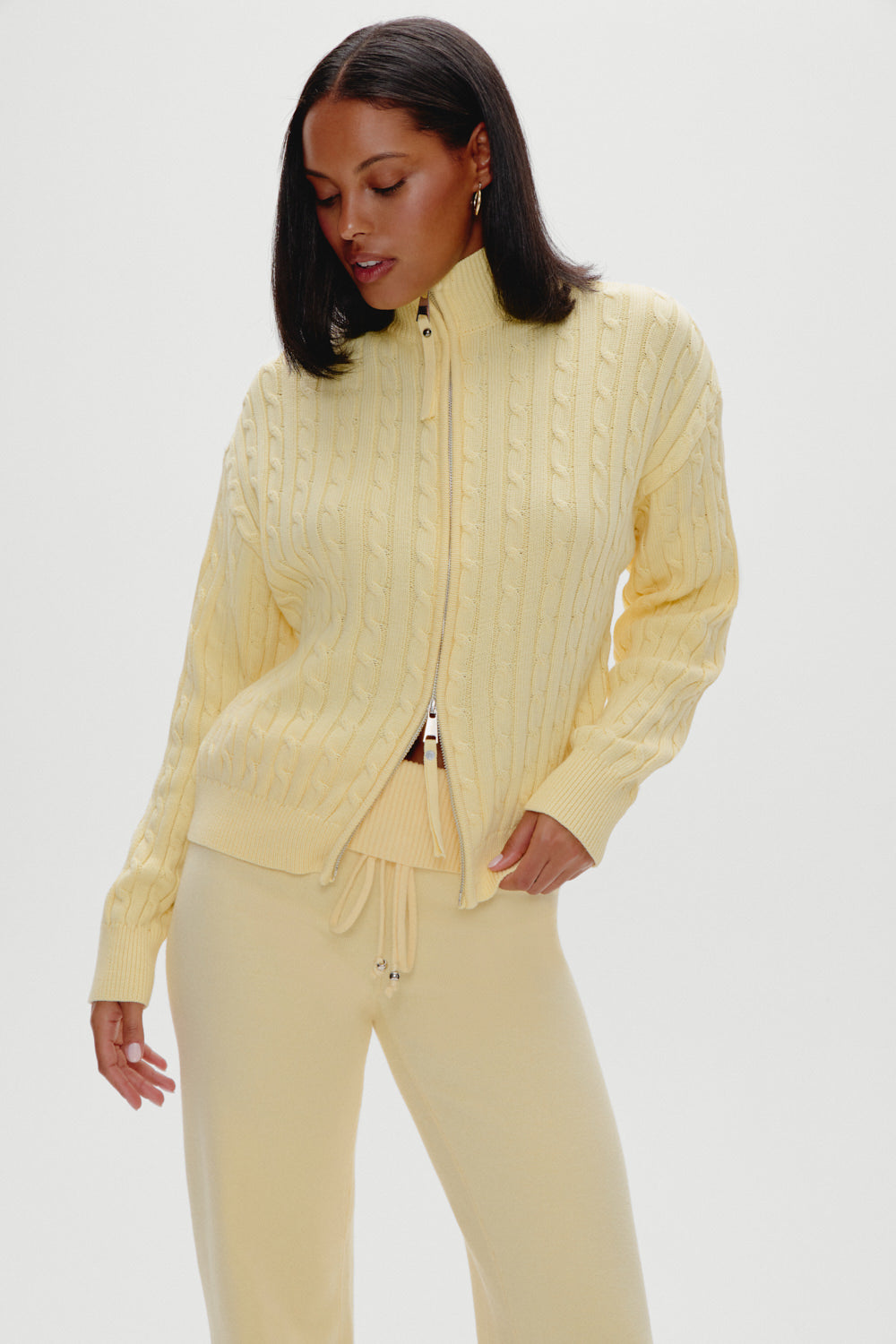Bea Cable Knit Zip Up Sweater - Vanilla Sugar
